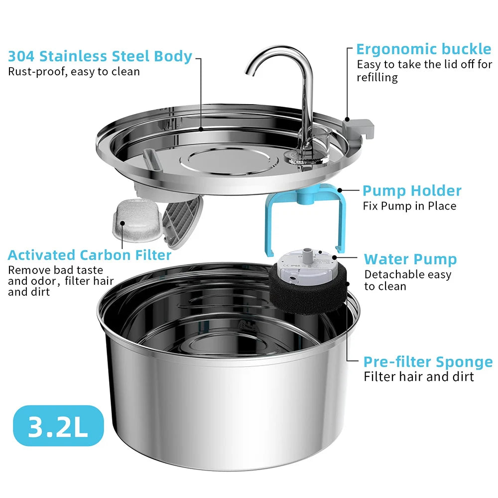 Premium Stainless Steel Cat Water Fountain with Filter | Quiet Automatic Pet Water Dispenser | Ateliove