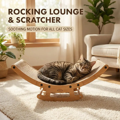 Boho Chic Rocking Cat Scratcher Bed – 2-in-1 Lounge Chair & Scratching Post for Indoor Cats, Anti-Anxiety Design, Perfect for Medium to Large Cats and Kittens