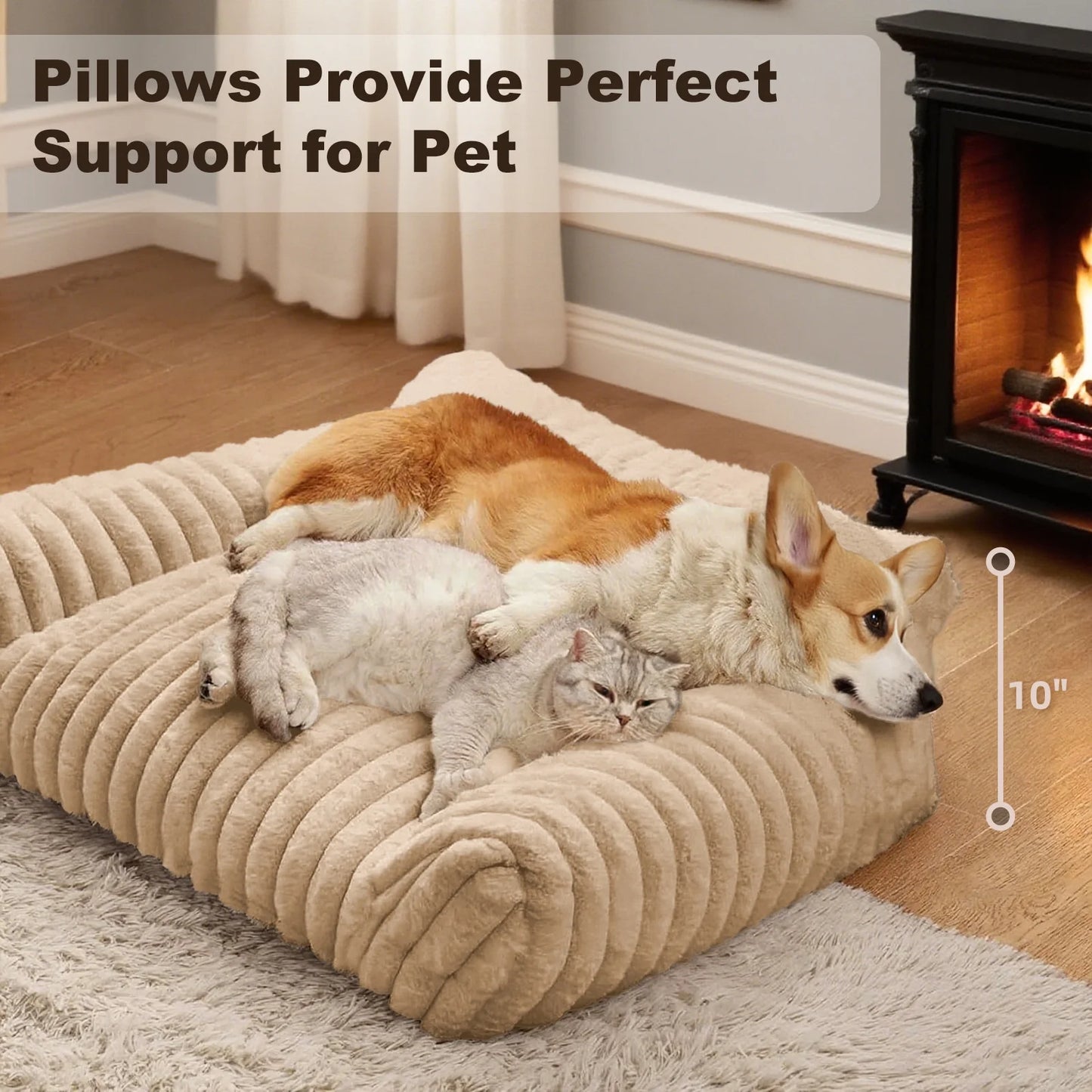 Cute Cat Bed for Indoor Cats, Couch Bed with Removable Washable,Premium Soft Corduroy Fleece Pet Bed for Small Dog & Cat,Khaki