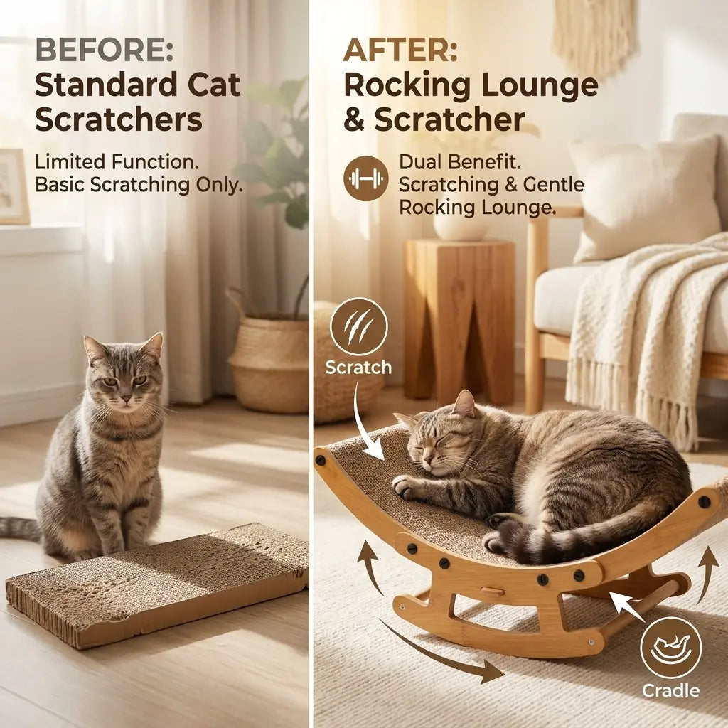 Boho Chic Rocking Cat Scratcher Bed – 2-in-1 Lounge Chair & Scratching Post for Indoor Cats, Anti-Anxiety Design, Perfect for Medium to Large Cats and Kittens