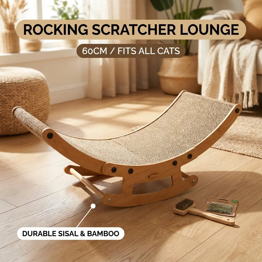 Boho Chic Rocking Cat Scratcher Bed – 2-in-1 Lounge Chair & Scratching Post for Indoor Cats, Anti-Anxiety Design, Perfect for Medium to Large Cats and Kittens