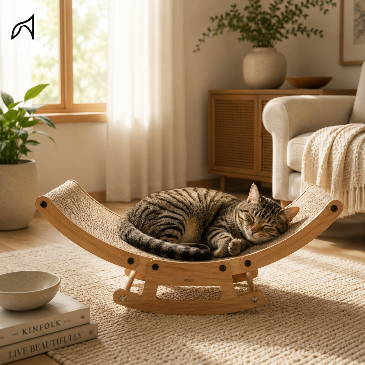 Modern Wooden Rocking Cat Scratcher Bed for Indoor Cats | Ateliove