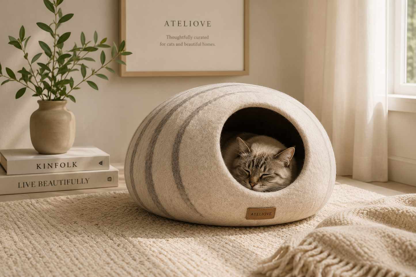 Premium Felt Cat Cave Bed for Indoor Cats | Handmade Merino Wool Hideaway | Ateliove