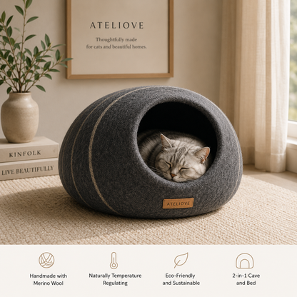Premium Felt Cat Cave Bed for Indoor Cats | Handmade Merino Wool Hideaway | Ateliove