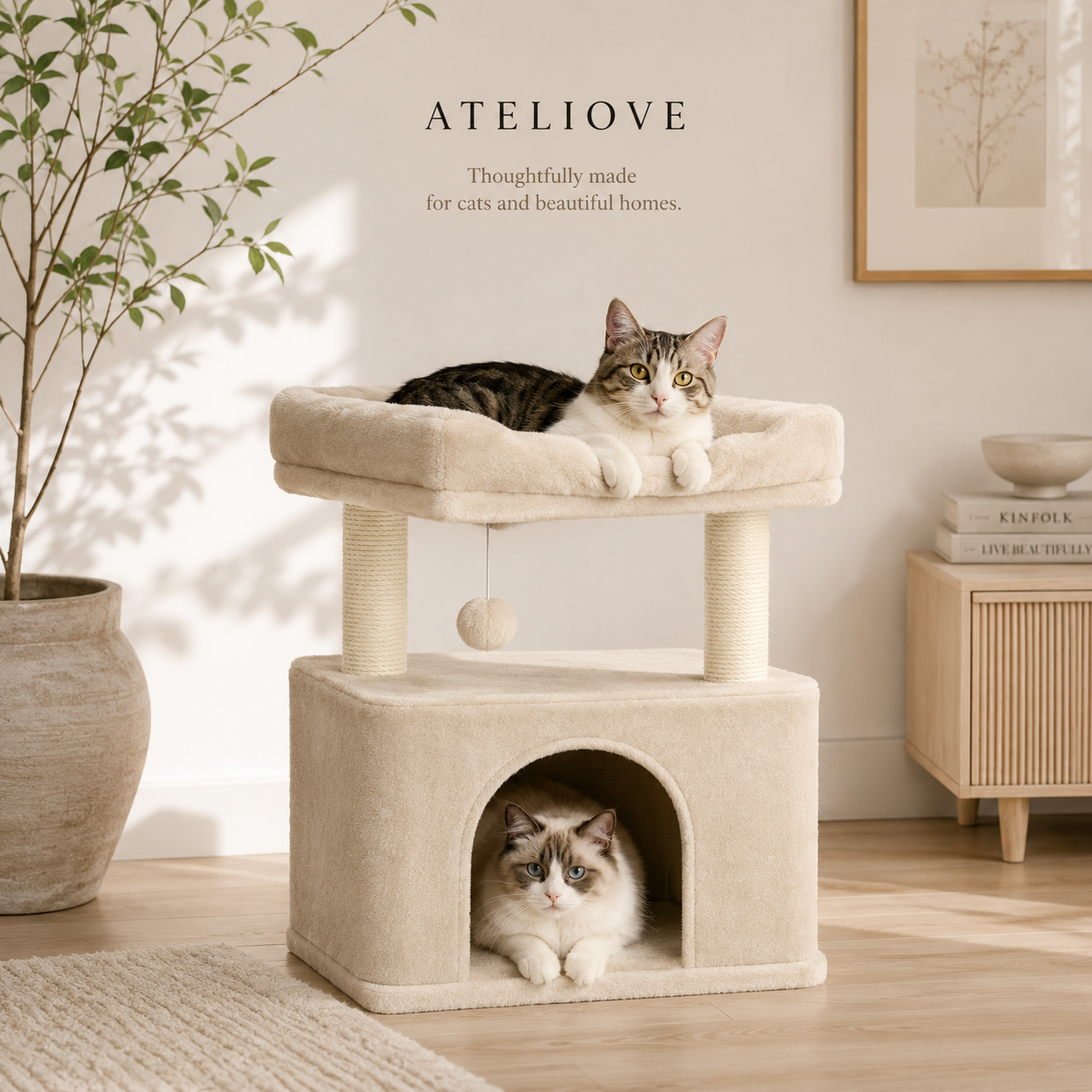 Modern Plush Cat Tree for Indoor Cats | Cozy Condo & Scratching Post | Ateliove