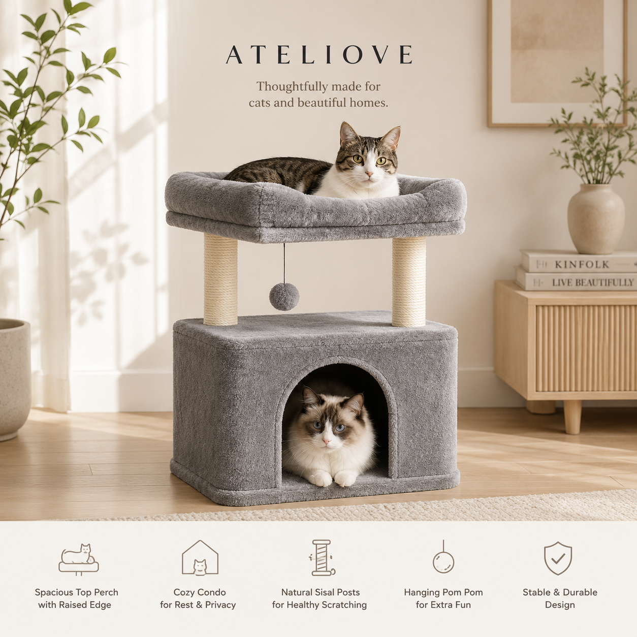 Modern Cat Tree for Indoor Cats | Plush Condo & Sisal Scratching Post | Ateliove