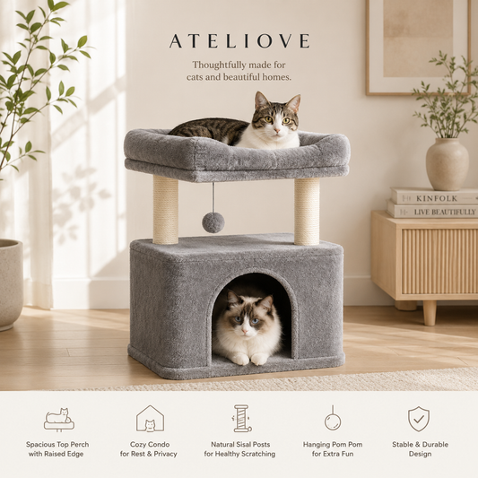 Modern Cat Tree for Indoor Cats | Plush Condo & Sisal Scratching Post | Ateliove