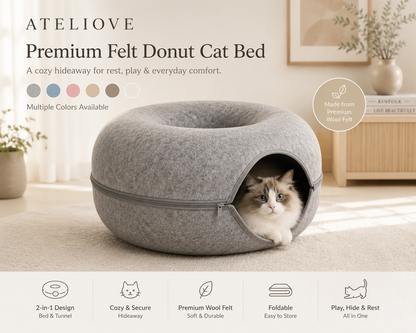 Premium Felt Donut Cat Bed for Indoor Cats | Cozy Tunnel Hideaway | Ateliove