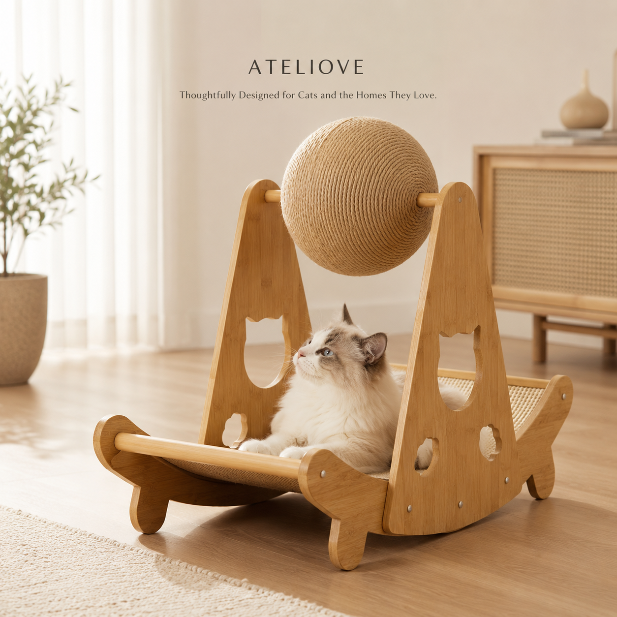 Premium Bamboo Rocking Cat Scratcher for Indoor Cats | Natural Sisal Lounger | Ateliove