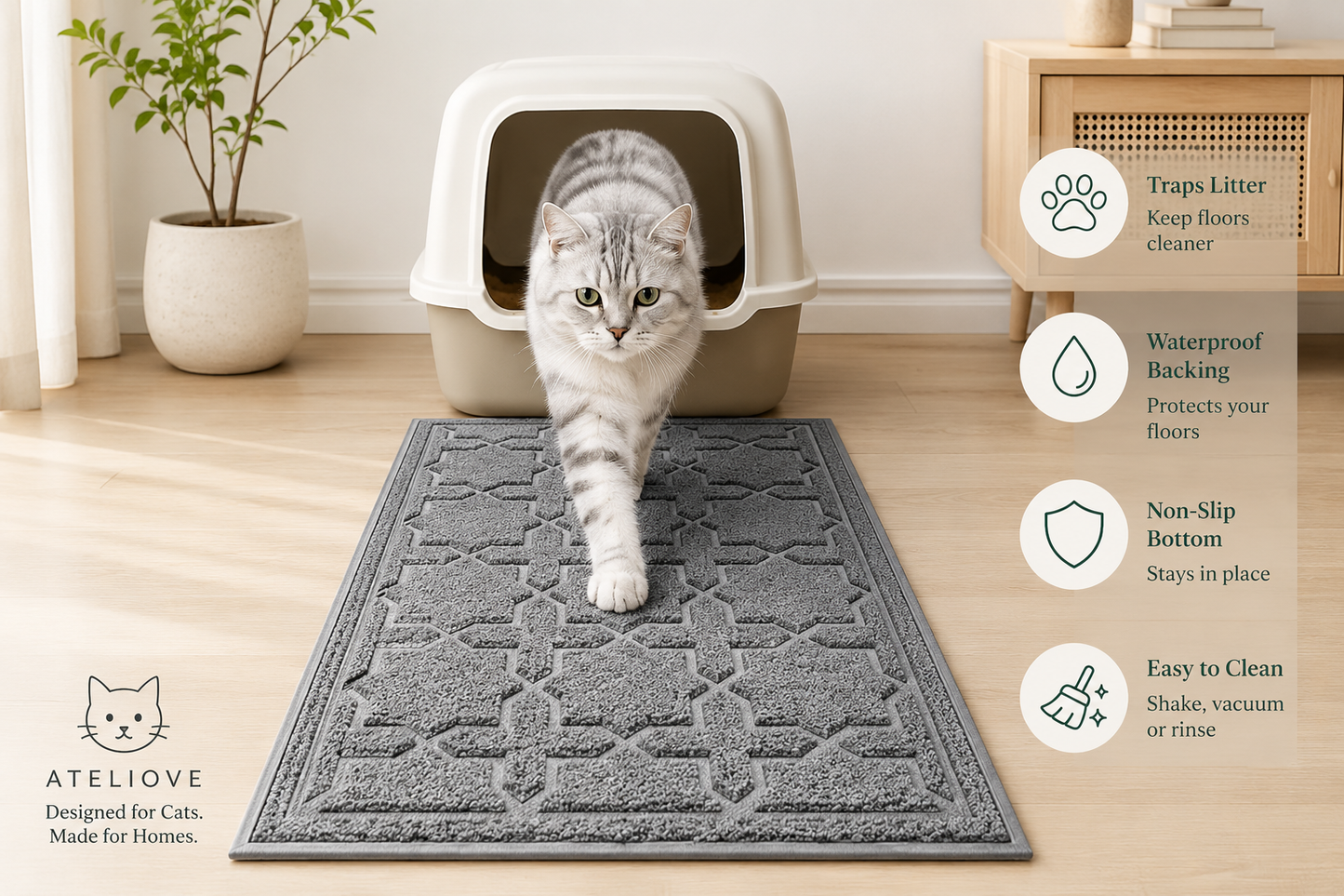 Waterproof Cat Litter Mat for Indoor Cats | Easy Clean Trapping Mat | Ateliove