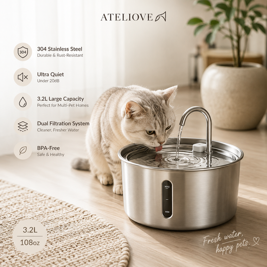 Premium Stainless Steel Cat Water Fountain with Filter | Quiet Automatic Pet Water Dispenser | Ateliove