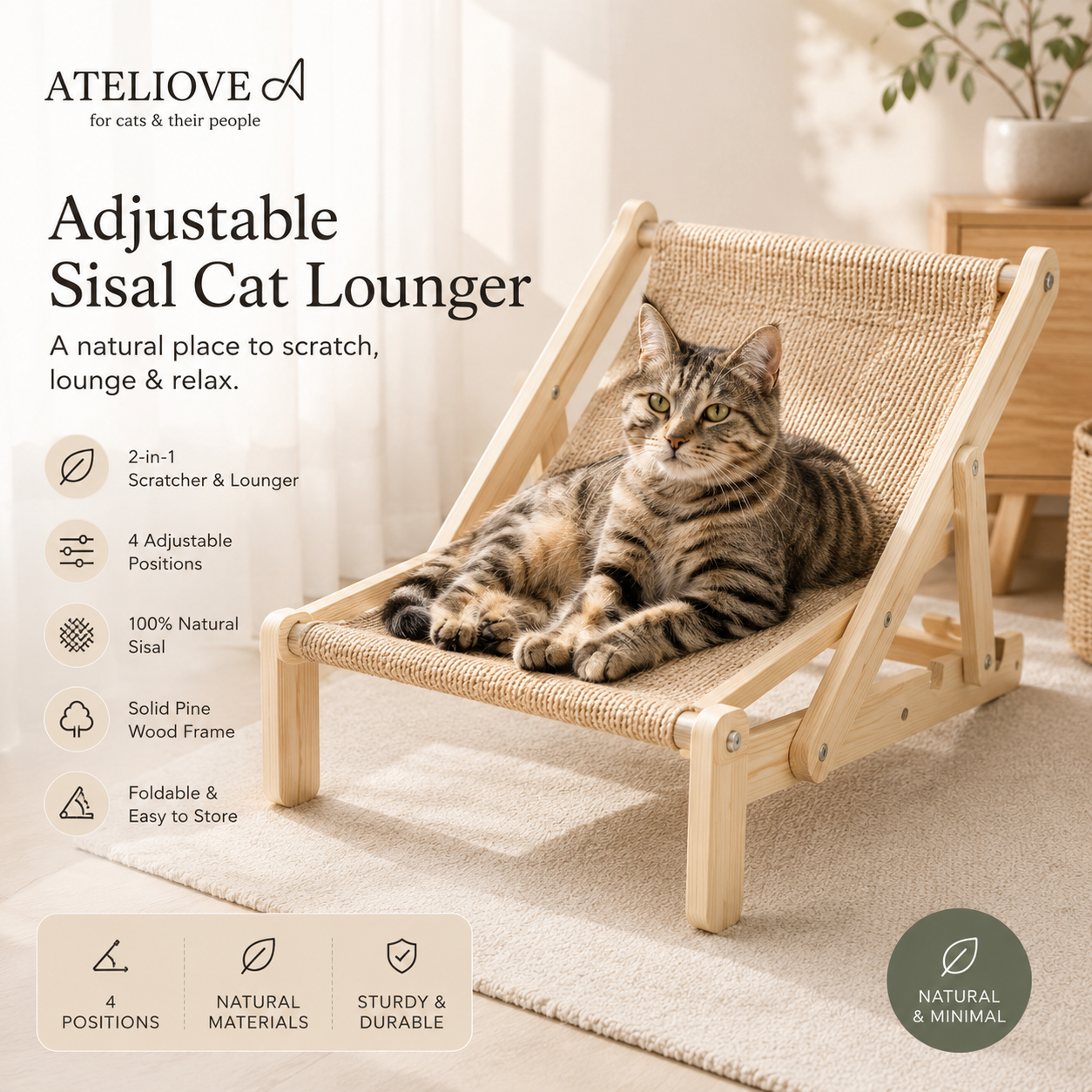 Premium Adjustable Sisal Cat Lounger | 2-in-1 Scratcher Bed | Ateliove