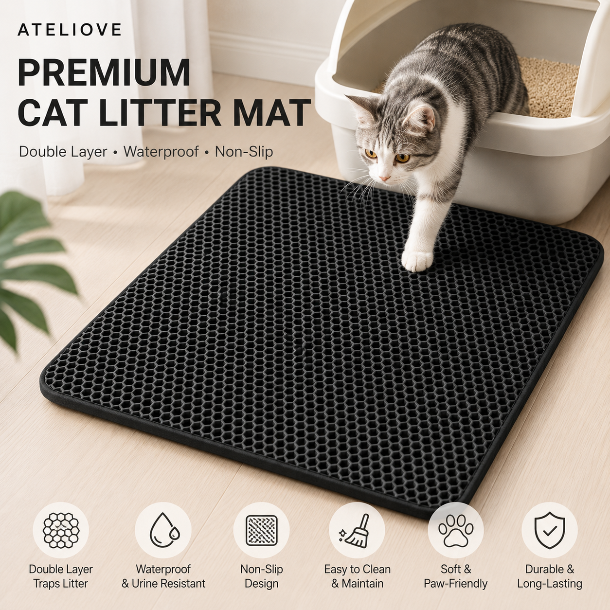 Premium Waterproof Double Layer Cat Litter Mat | Non-Slip Trapping Litter Mat | Ateliove