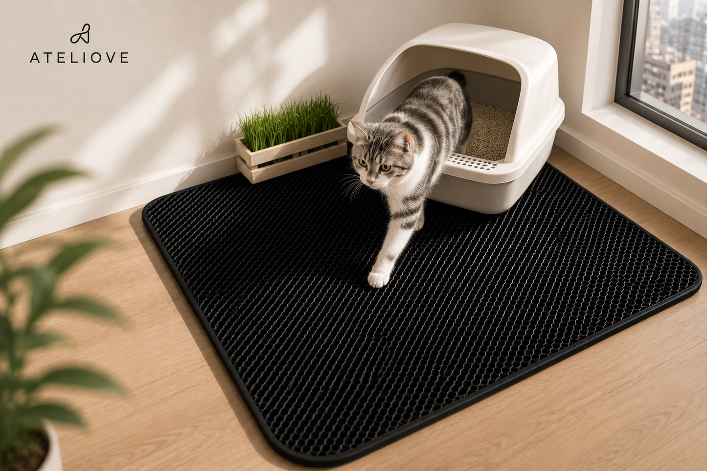 Large Waterproof Double Layer Cat Litter Mat | Non-Slip Litter Trapping Mat for Indoor Cats | Ateliove