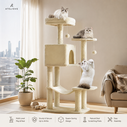 Modern Wooden Cat Tree Tower with Hammock & Condo | Space-Saving Cat Furniture | Ateliove