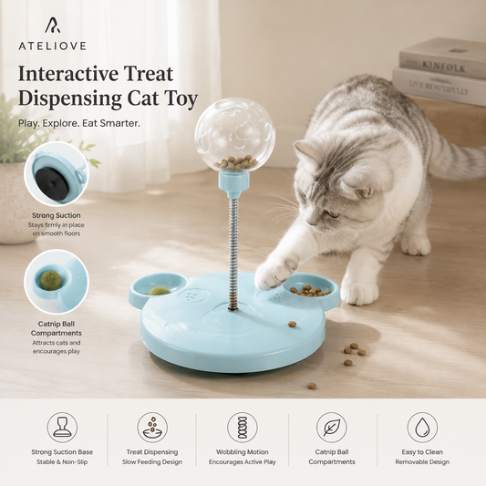 Interactive Treat Dispensing Cat Toy | Slow Feeder Puzzle Ball for Indoor Cats | Ateliove