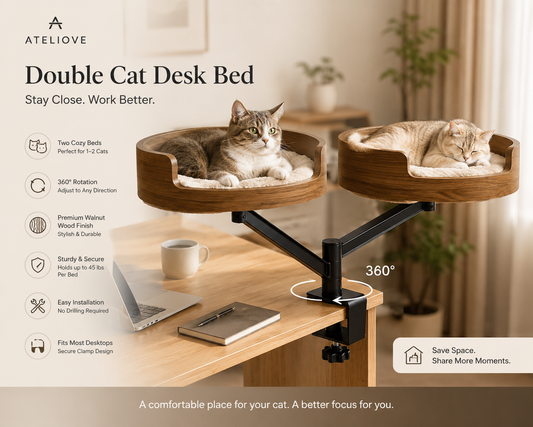 Premium Adjustable Cat Desk Bed with Hammock | Space-Saving Rotating Cat Perch | Ateliove