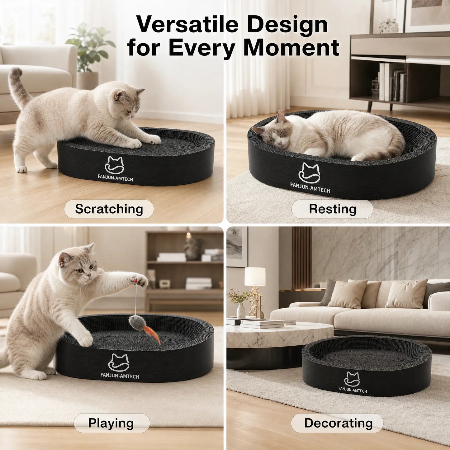 Modern Black Oval Cat Scratcher Lounge, Premium Hardened Cardboard Cat Bed, Elegant 2-In-1 Pet Scratching Pad & Nest for Contemporary Home Decor
