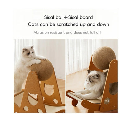 Multi - Functional Cat Scratcher Toy | Natural Bamboo & Sisal Material, Rocking Cradle + Interactive Ball, Fulfills Cats’ Scratching & Playing Needs