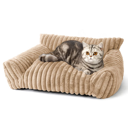 Cute Cat Bed for Indoor Cats, Couch Bed with Removable Washable,Premium Soft Corduroy Fleece Pet Bed for Small Dog & Cat,Khaki
