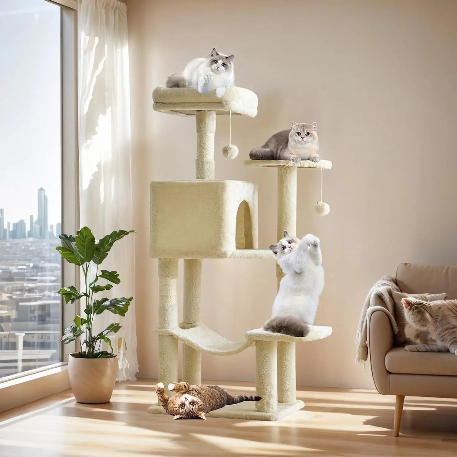 Modern Wooden Cat Tree Tower with Hammock & Condo | Space-Saving Cat Furniture | Ateliove
